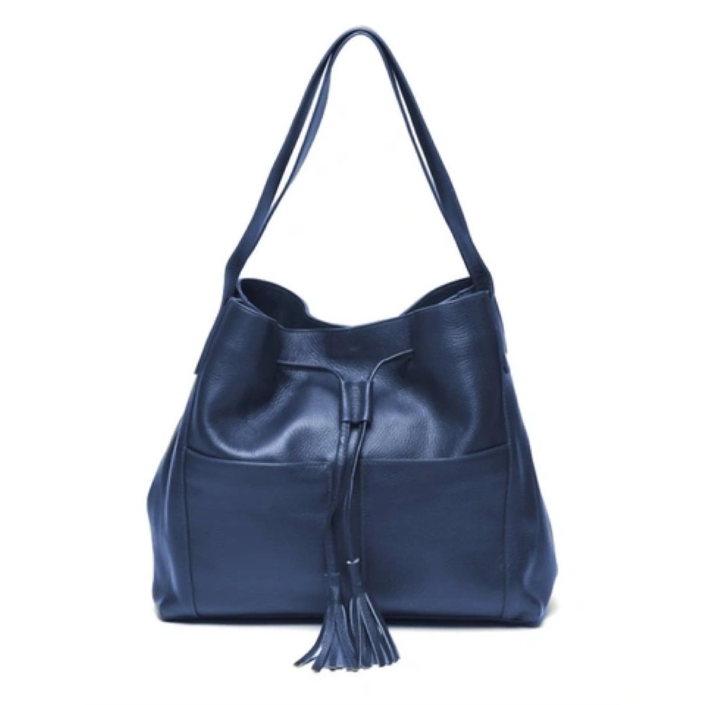 LAGGO || Andrea Tassel Drawstring Hobo Bag Pockets Pebbled Leather Navy‎